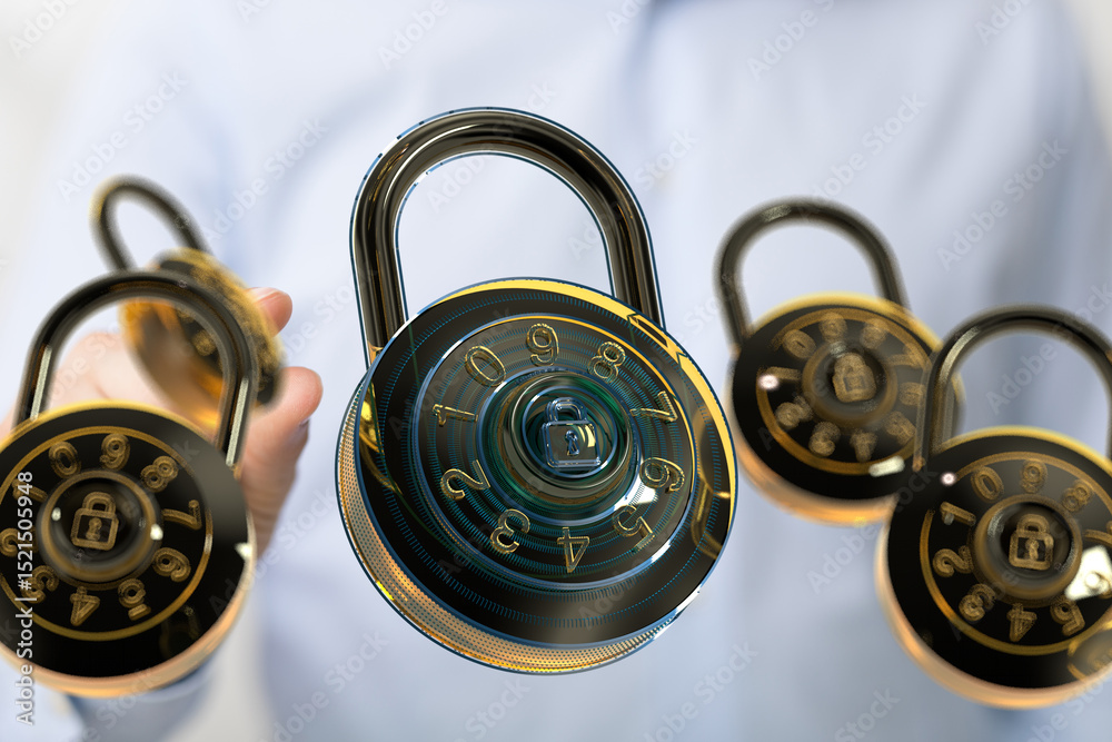 Poster high-quality image of combination locks, symbolizing data security, safety, and privacy.