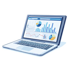 Open Laptop Displaying Data Charts and Graphs with White Background in a Well Lit Setting Representing Business Analytics