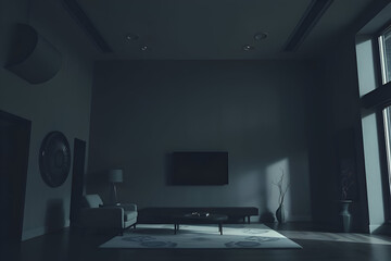 Retro style in beautiful living room interior with grey empty wall