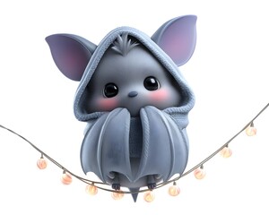 3D cartoon of a bashful bat wrapped