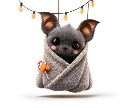 3D cartoon of a bashful bat wrapped