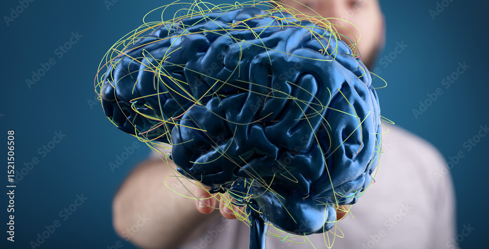 Leinwandbilder 3d model of human brain with highlighted neural pathways. perfect for neurology, ai, and cognitive s