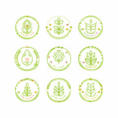 Vector set of logo design templates, organic cosmetic, floral illustration in simple linear hand drawn style, plants and flowers, natural products emblems, for hand crafted small