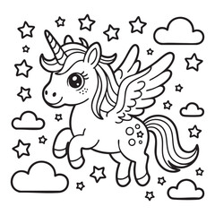 Adorable flying unicorn coloring page fantasy stars clouds