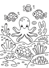 Naklejka premium Adorable ocean animals coloring page cute octopus fish turtles coral reef