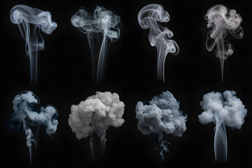 Eight realistic high-resolution shots of abstract smoke, steam, and vape trails isolated on a black background, perfect for texture, overlay, and design projects, smoke in black background