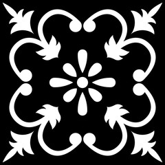 Black and White Mosaic Tile Isolated Vector Mediterranean Portuguese Azulejo Traditional Ceramic Spanish or Mexican Talavera Square Floral Ornament for Monochrome Logo Design