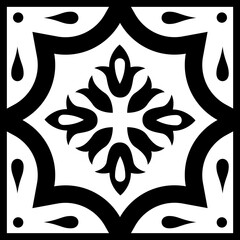 Black and White Mosaic Tile Isolated Vector Mediterranean Portuguese Azulejo Traditional Ceramic Spanish or Mexican Talavera Square Floral Ornament for Monochrome Logo Design