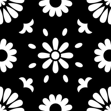 Black and White Mosaic Tile Isolated Vector Mediterranean Portuguese Azulejo Traditional Ceramic Spanish or Mexican Talavera Square Floral Ornament for Monochrome Logo Design