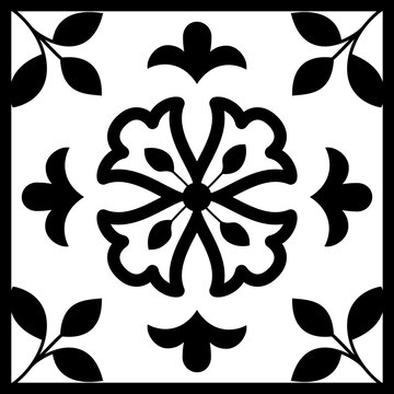 Black and White Mosaic Tile Isolated Vector Mediterranean Portuguese Azulejo Traditional Ceramic Spanish or Mexican Talavera Square Floral Ornament for Monochrome Logo Design