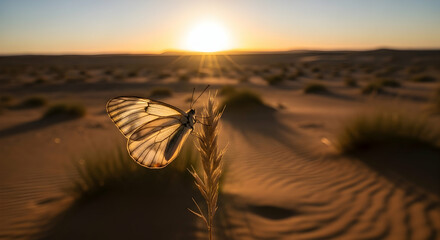 Butterfly Resting on Plant in Desert at Sunset Golden Hour
