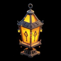 Fantasy lanterns with glowing orange light, blue-gray metal and wood details, warm palette, perfect for game or book illustration
