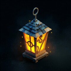 Fantasy lanterns with glowing orange light, blue-gray metal and wood details, warm palette, perfect for game or book illustration