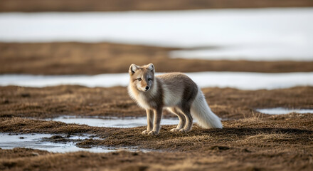 Fototapeta premium Arctic Fox Posing Gracefully on Tundra Landscape During Changing Season