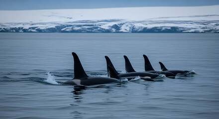 Naklejka premium Pod Of Orcas Gracefully Swimming Together In The Cold Arctic Ocean