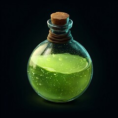Glossy glass potion bottle filled with vibrant green liquid, warm highlights, dark background, perfect for game or fantasy projects