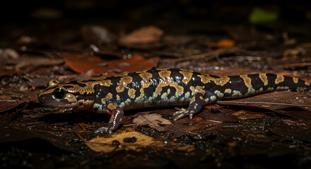 Speckled Salamander Wandering Through Autumnal Forest Ground With Vivid Patterns
