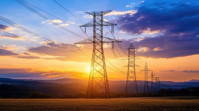 High-voltage power lines stretch across a rural landscape during a vibrant sunset with dramatic clouds.