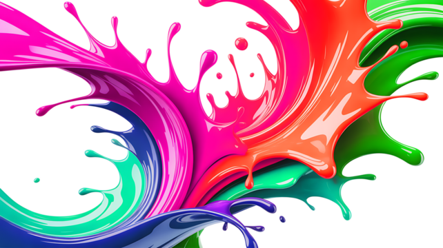 Vibrant paint splashes swirl in a dynamic artistic composition featuring bold colors like pink, orange, green, and blue against a black background.