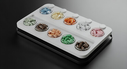 Biohacker routine kit featuring modular tray with pre-sorted functional supplements on matte black base