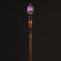 Fantasy wooden magic staves with glowing purple crystals, brown and violet palette, ideal for game design and fantasy design