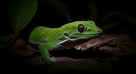 Fototapeta premium Radiant Emerald Gaze A Portrait of a Vibrant Green Gecko in Shadowy Environs