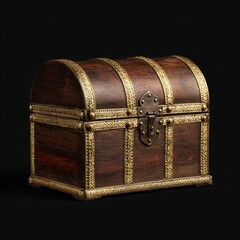 Antique wooden treasure chests with ornate golden metal details, dark brown and gold tones, ideal for fantasy, games or history projects