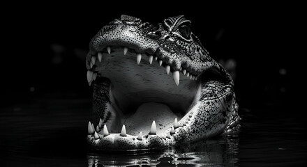 Naklejka premium Monochrome Portrait Of An Alligator With An Open Mouth In The Water
