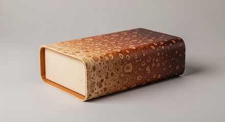 Sustainable packaging design featuring rigid box made from mushroom leather with natural color variations on light neutral background