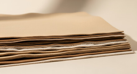 Eco-material presentation featuring stacked sheets of mycelium leather in natural beige and brown tones on pale backdrop