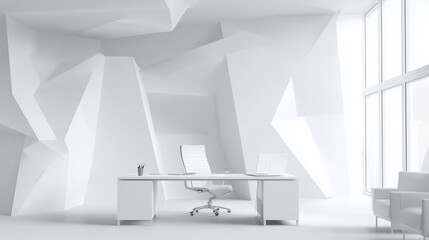 Minimalist white office with abstract geometric shapes and soft lighting, embodying modern simplicity and creative elegance