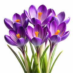 Vibrant purple crocus flowers blooming in spring against a clean white background