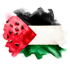 Palestine flag painted in watercolor with a watermelon effect on the red triangle. Watercolor painting of palestine flag with red triangle black stripe white stripe and green stripe created.