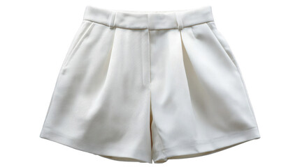 Stylish white high rise shorts featuring a flat waistband, pleated front, and side pockets, isolated on a transparent background for summer fashion presentations