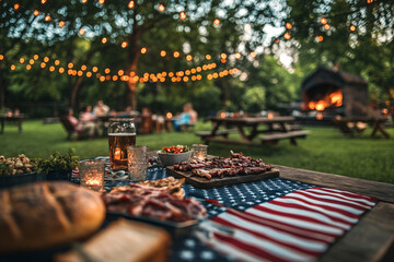 American BBQ Feast Under String Lights Backyard Gathering with Food, Drinks, and Celebration
