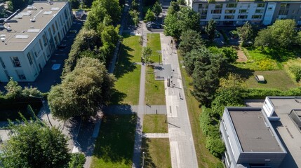 Aerial View of Green Park with Tall Trees Buildings and People Walking on a Sunny Day