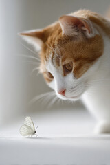 curious cat gazing intently at delicate butterfly resting on pristine white surface