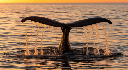 Fototapeta premium Majestic Whale Tail Rising From Ocean Water At Golden Hour Light