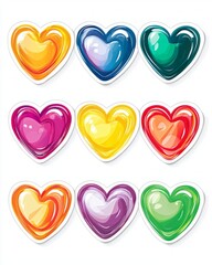 A set of stickers heart,diferent colours on a white backgroun