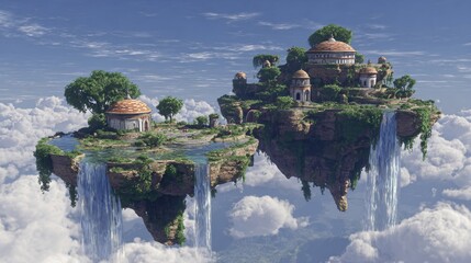Ancient floating islands with lush greenery, waterfalls, and fantasy architecture above clouds, vibrant blue and green palette. Computer game asset