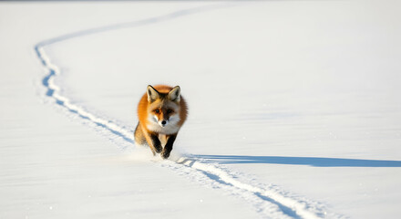 Red Fox Trotting Through The Snowy Field During Winter Day