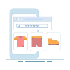 Find product concept. Search feature to find and compare products online. Search in web stores or online shopping. Price quotes, seller information. Flat design illustration.