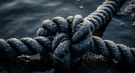 Nautical Rope with Droplets in Close Up Shot in Dim Light