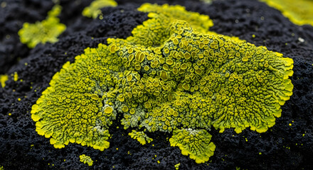 Symbiotic Harmony A Vibrant Yellow Lichen Thriving on a Dark Volcanic Rock