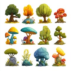 Set of stylized fantasy trees, rocks, and mushrooms in vibrant autumn and spring colors, perfect for game, animation, or illustration design