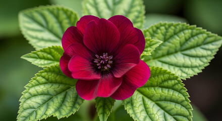 Velvety Crimson Blossom Displaying Detailed Petals And Vibrant Green Foliage