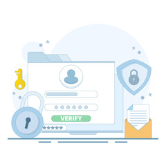 Online account registration and access concept. Protection of profiles and accounts on the internet. Logging into a profile or account. Identity verification and security. Flat design illustration.