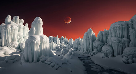 Ethereal Lunar Landscape Frozen In Time Beneath Blood Red Sky