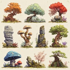Set of stylized fantasy trees, rocks, and mushrooms in vibrant autumn and spring colors, perfect for game, animation, or illustration design