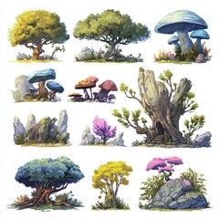 Set of stylized fantasy trees, rocks, and mushrooms in vibrant autumn and spring colors, perfect for game, animation, or illustration design